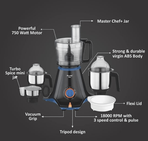 Preethi Zion Mixer Grinder for Kitchen - 4 Jars 750 Watt Mixie (3 Stainless steel Jars+1 Master Chef Plus Food processor Jar), Flexi lids, Vega W5 motor, Black (MG-227) - Image 4